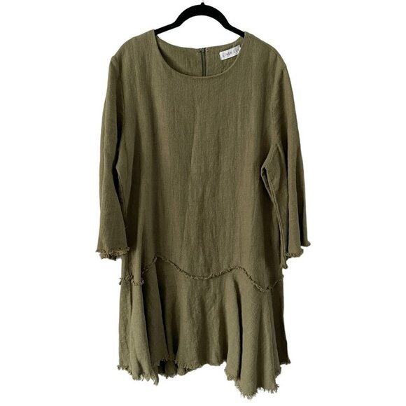 Linen Lux 3/4 Sleeves Raw Hem Crew Neck Linen Blend Mini Dress Army Green 12 - Picture 1 of 9